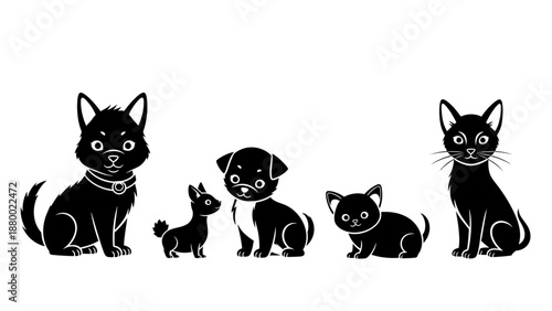 Black Silhouette Cats and Dog Illustration.