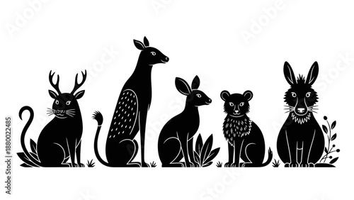 Black Silhouette Animals Sitting Together.