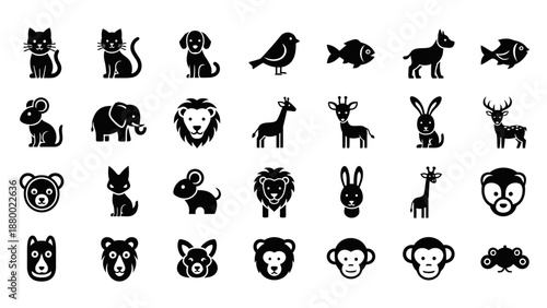 Collection of Simple Animal Icons in Black.