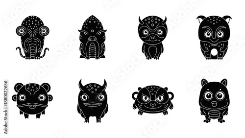 Eight black cartoon monster designs illustration.