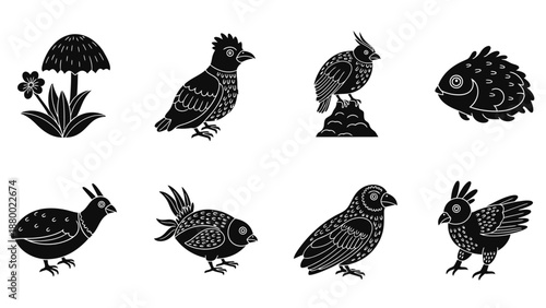 Collection of Various Bird Illustrations and Silhouettes.