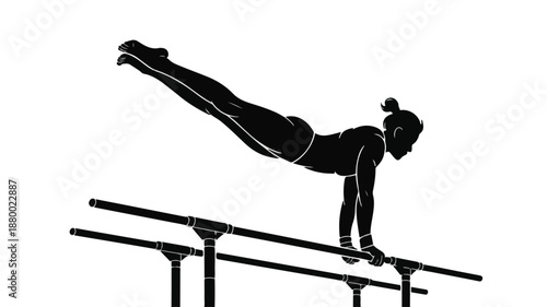 Dynamic black and white vector illustration of a female gymnast expertly performing a handstand on parallel bars, demonstrating impressive strength, agility, and elegant balance