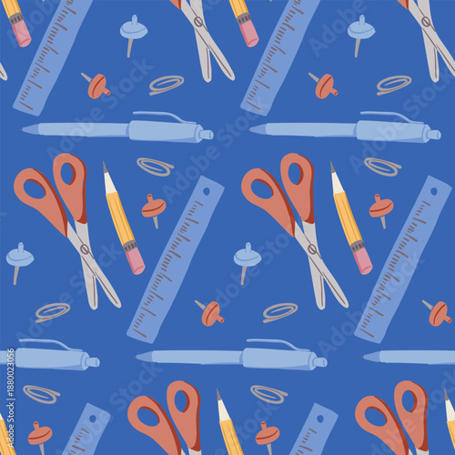 Seamless pattern with stationery items including scissors, pencil, ruler, pen and push pin on blue background. Concept of education creativity office work and back to school supplies