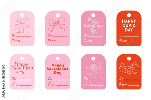 Set of valentine gift tags with romantic messages bows and present illustrations in pink and red colors. Concept of love holiday greeting card gift wrapping and celebration design