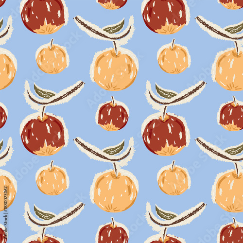 Seamless pattern with hand drawn apples and leaves in soft colors on light blue background. Concept of autumn harvest natural food freshness and decorative fruit texture