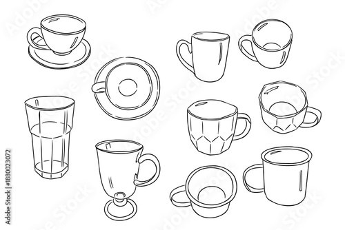 Set of coffee cups and mugs in different shapes and views drawn in simple line style. Concept of cafe drinkware collection beverage serving and everyday kitchen items
