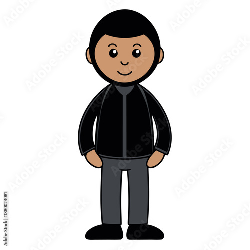 A cartoon boy wearing a black jacket and gray pants