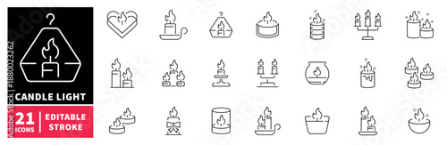 Candle light icons set. editable line icons, outline, flames and lighting symbols