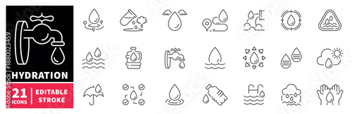 Hydration icons set. editable line icons, outline, water and droplet symbols