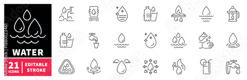 Water and hydration icons set . line, editable line icons, liquid and aqua symbols