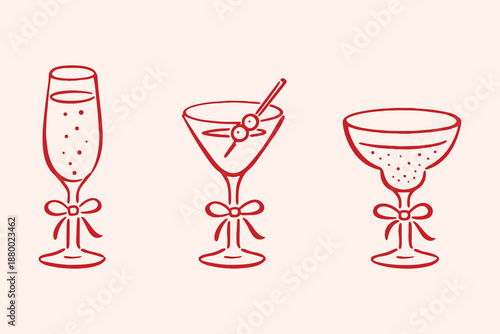 Cocktail glasses line sketch vector illustration