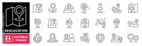 Geolocation icons set. editable line icons, outline, navigation, and map symbols