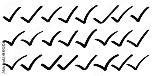 Check tick mark icon set. Cross box x check mark checkbox v list vector draw hand drawn sketch doodle brush marker checklist symbol wrong right circle. Vector Illustration, hand drawn grunge, scrabble