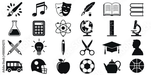 Comprehensive collection of minimalist vector icons illustrating educational, scientific, artistic, and athletic themes, perfect for school and learning designs