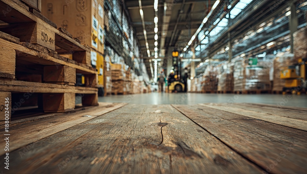 Fototapeta premium Wooden pallets and stacked goods in a large, dimly lit industrial warehouse