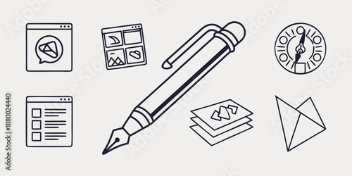 A collection of digital icons representing content creation tools and elements like documents, images, and a pen, symbolizing design and writing processes