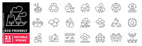 Eco-friendly icons set. line, editable line icons for sustainability and green living
