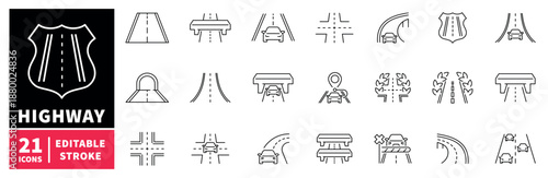 Highway icons set. editable line icons, outline, road and traffic symbols