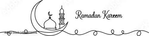 Elegant one line drawing of a mosque with a crescent moon and Ramadan Kareem greeting