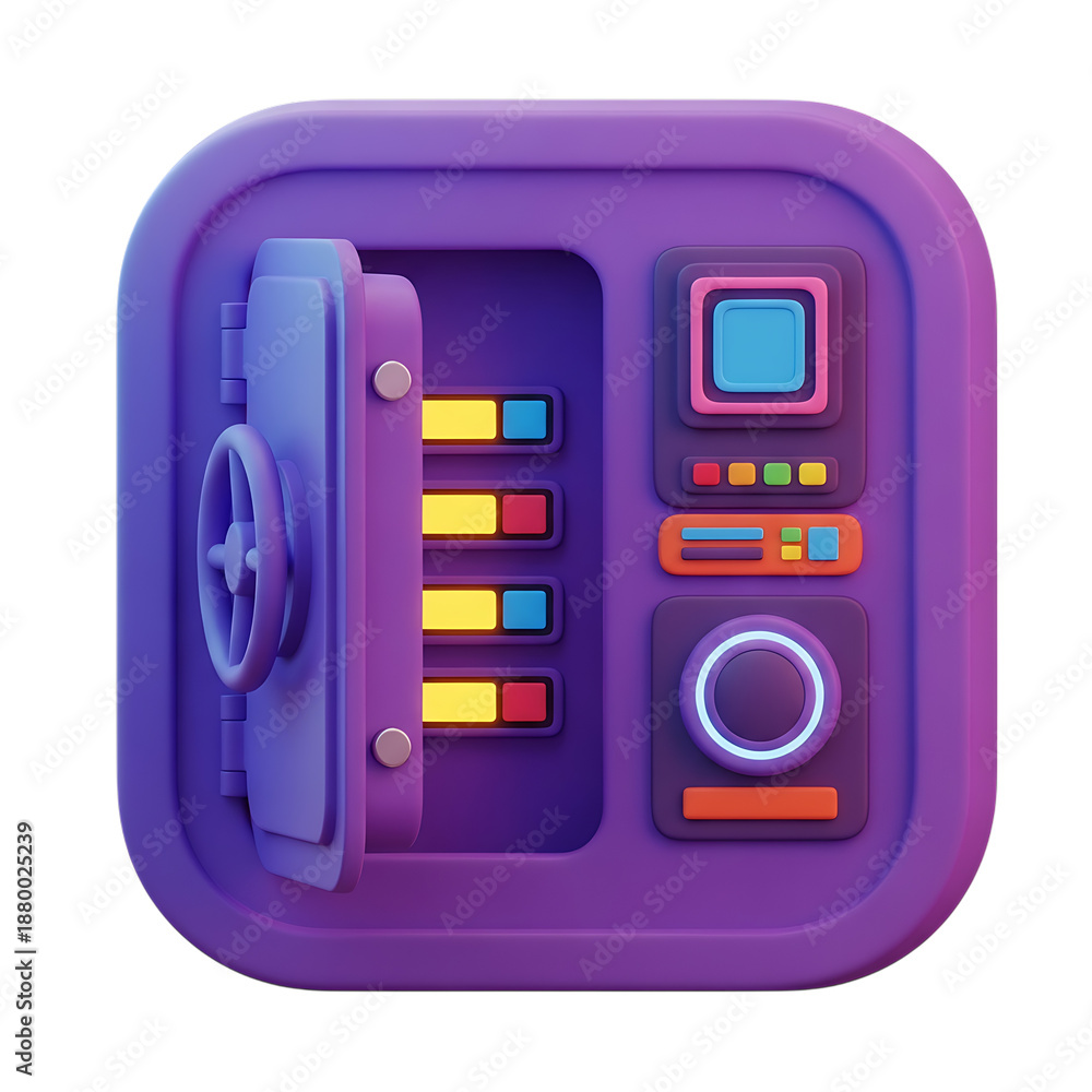 Obraz premium Open Purple 3D Safe with Colorful Slots and Controls on White Background (204) photo