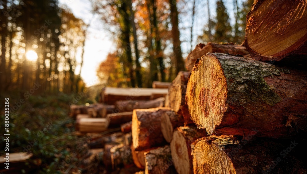 Fototapeta premium Harvested logs piled in a sun-drenched forest during autumn