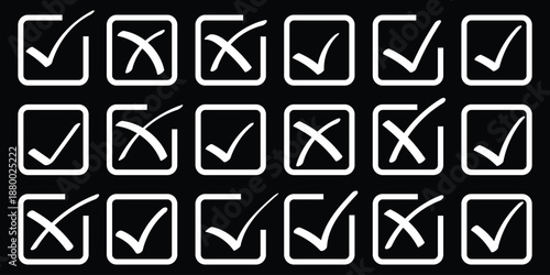 Check tick mark icon set, hand drawn doodle cross box x check mark checkbox v, sketch marker checklist symbol right and wrong set. hand drawn doodle, grunge brush vector, scrabble check mark. 