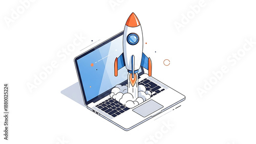 Rocket launching from laptop symbolizing business growth and innovation