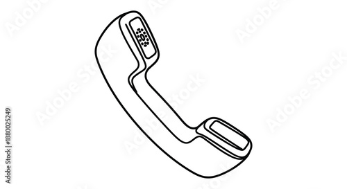 A minimalist black and white line drawing depicts a classic telephone handset showcasing its smooth curves and simple design silhouette