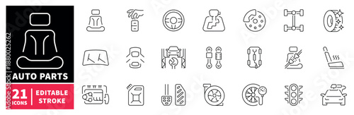 Auto parts icons set. editable line icons, linear, car components, vehicle symbols