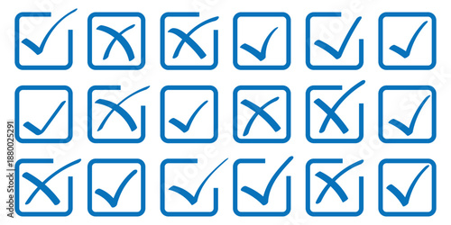 Check tick mark icon set. Cross box x check mark checkbox list vector hand drawn sketch doodle brush marker checklist symbol wrong right circle. hand drawn, grunge. hand drawn scrabble tick X mark. 