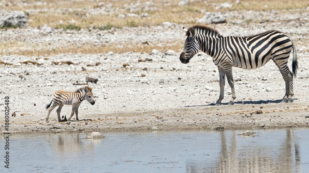 Fototapeta premium A baby zebra following its mother across the plains