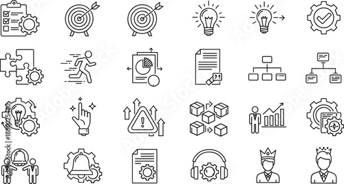 Professional business management icon set featuring strategic planning, process automation, goal achievement, workflow optimization, productivity tools, and organizational leadership line art.