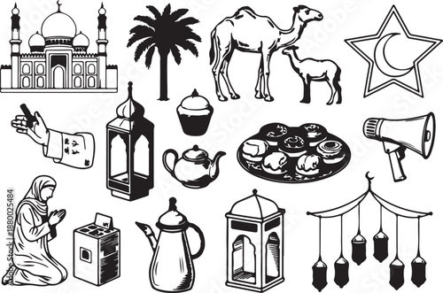 Large collection of detailed Islamic and Middle Eastern themed items including mosques, camels, food, and people praying
