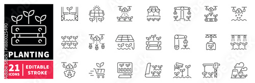 Gardening icons set. editable line icons, outline, plant and growth symbols