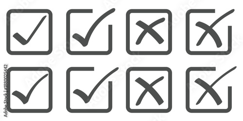 Check tick mark icon set, hand drawn doodle red cross box x check mark green checkbox v, sketch marker checklist symbol right and wrong set - stock vector. Hand drawn doodle grunge vector check mark. 