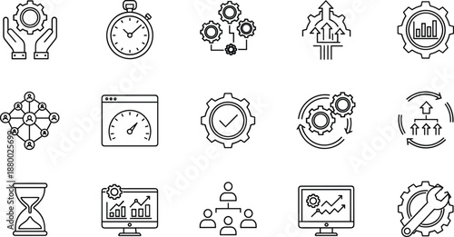 Professional business management icon set featuring technical maintenance tools, organizational hierarchy, team workflow, system security, time scheduling, and process optimization symbols.