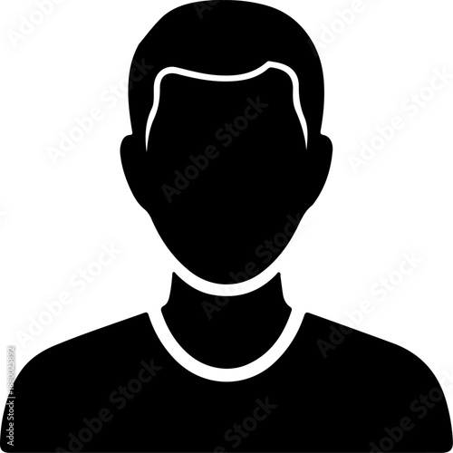 Simple black silhouette icon of a mans head and shoulders representing a user profile or avatar isolated on a white background