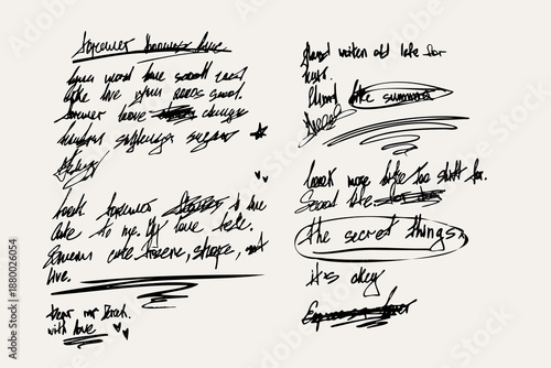 Handwritten scribble text set with expressive notes, underlines, corrections and freehand writing elements. Minimal black ink vector illustration.