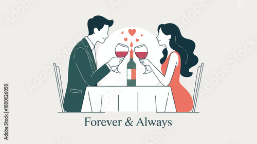 Couple toasting wine at romantic dinner table for two people