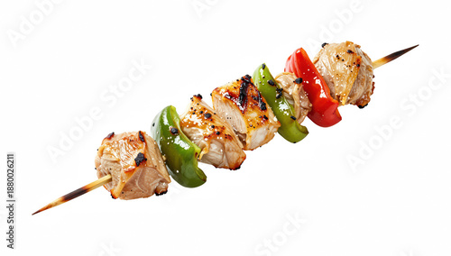 Grilled chicken and bell pepper skewer isolated on transparent background