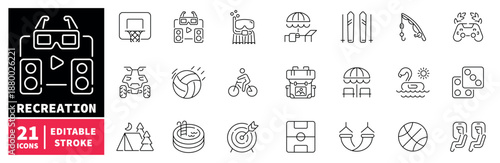 Recreation icons set. editable line icons for flat, outdoor and leisure activities