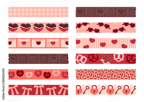 Romantic Valentine digital tape set in peach, orange, red and brown tones. Includes plaid, chocolate, hearts, bows and more. Ideal for scrapbooking, cards, planners and social media design.