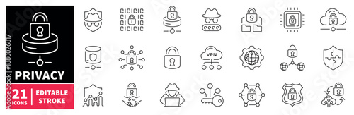 Privacy and security icons set. editable line icons, outline, protection symbols