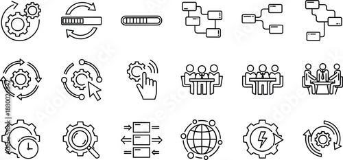 Set of business workflow icons featuring progress bars, organizational charts, team meetings, global networking, automated systems, time tracking, and corporate management symbols.