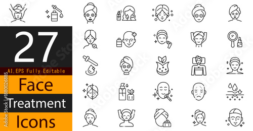 Face Treatment Icons Set for Skincare, Beauty Therapy, Facial Care, Dermatology, and Cosmetic Procedures