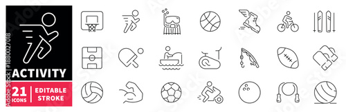 Activity icons set. editable line icons, outline sports and fitness symbols