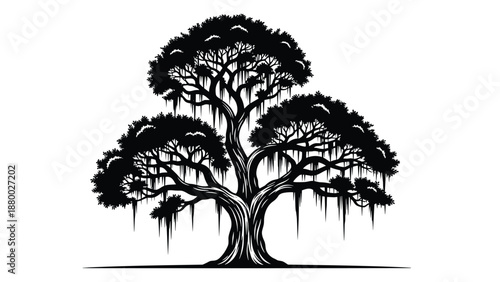 Black Banyan Tree Silhouette Illustration with Hanging Roots and Spreading Branches for Nature Conservation Environment Landscape Park Forest Ancient Oak and Garden Design Projects