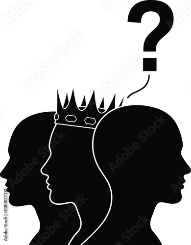 Black Silhouette Illustration of Human Profile Heads with a Crown and Question Mark for Leadership Success Identity Confusion and Psychological Business Strategy Vector Concept