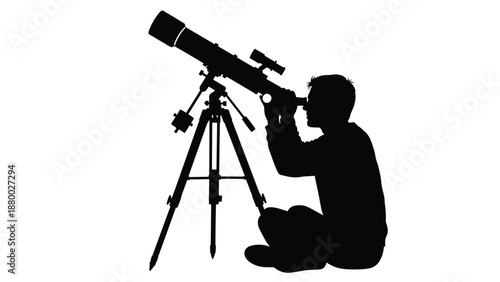 Black silhouette of a man looking through an astronomical telescope on a tripod, amateur astronomer stargazing or observing space isolated on white background.