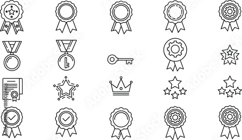Set of quality award icons featuring premium badges, star ratings, winner medals, success keys, royal crowns, certification stamps, and professional achievement recognition symbols.